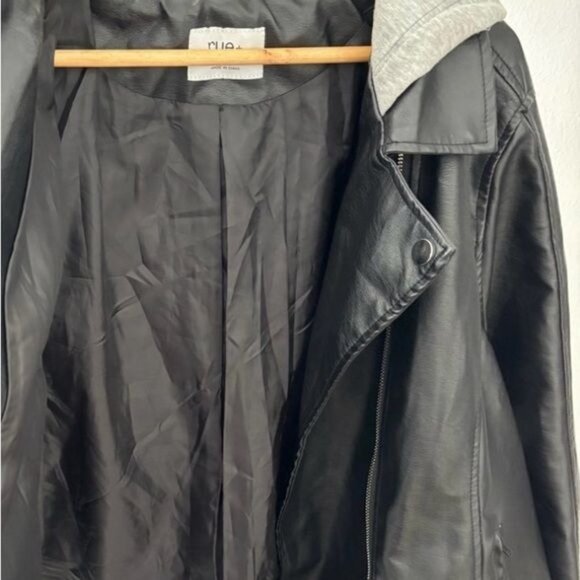 Rue 21+ Jacket 3X Retro Moto Zip Faux Leather Hood Mixed Media Streetwear Grunge - Picture 10 of 11